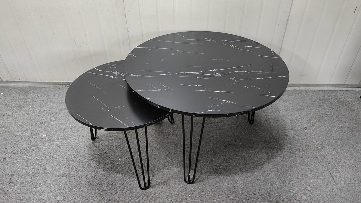 27.56'' Round Nesting Coffee Table Set of 2, Circular Nesting End Table Set, Round Marble Tabletop, and Sturdy Metal Base for Living Room, bedroom, Black W808P176733-djyc