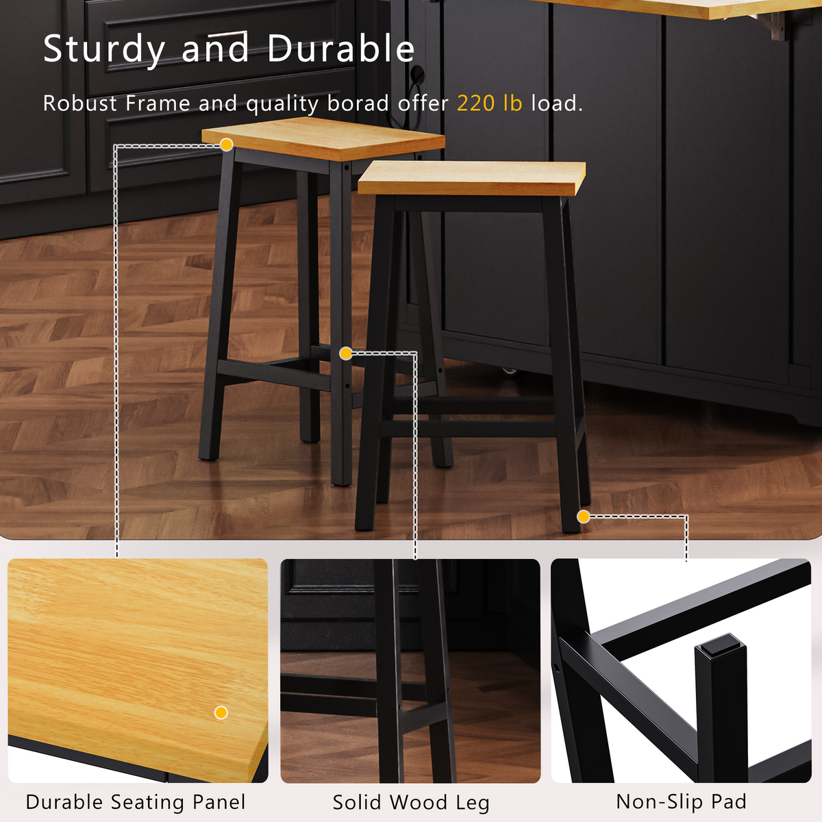 K&K 53inch Large Kitchen Island with 2 Bar Stools, Power Outlet,Door Internal Storage Rack, Kitchen Storage Cart on 5 Wheels with Drop Leaf, 5 Open Side Racks, 3 Drawers, for Kitchen,Dining Room,Black N707S000007B-djyc