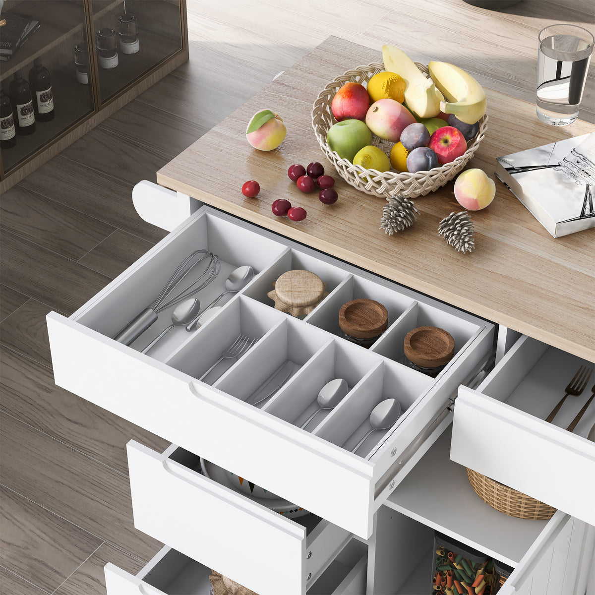 K&K Store Kitchen Cart with Rubber Wood Countertop , Kitchen Island has 8 Handle-Free Drawers Including a Flatware Organizer and 5 Wheels for Kitchen Dinning Room, White SK000002AAW-djyc