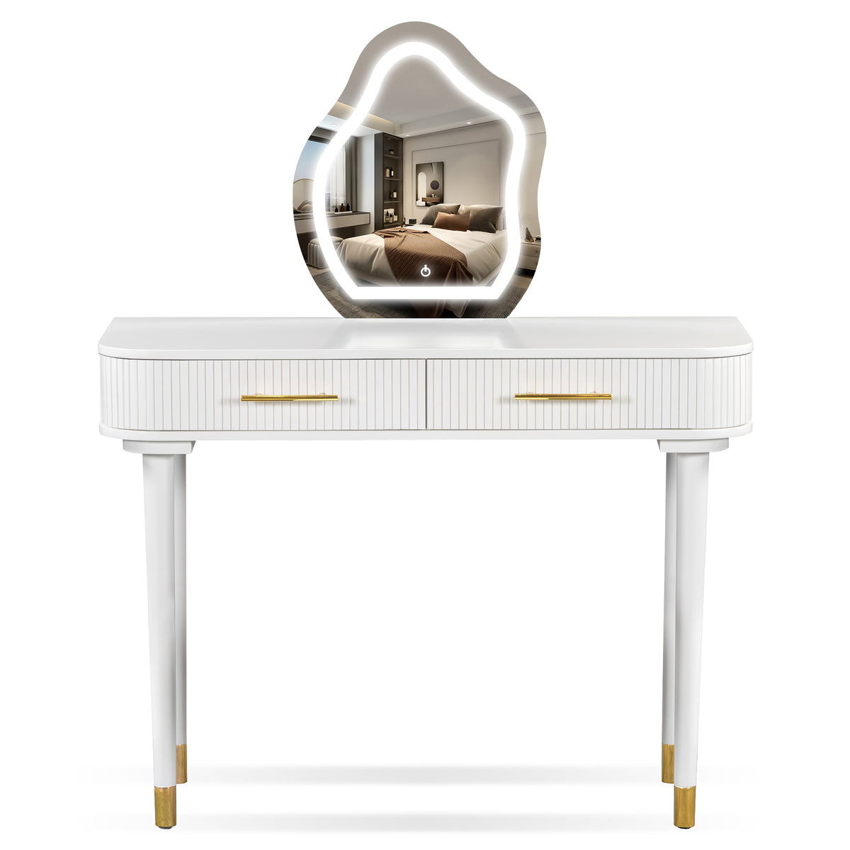 40" Modern Vanity Table Set with Mirror Touch Screen Lighted Mirror, Dressing Table and Cushioned Stool Set with 2 Large Drawers, White N704P196657K-djyc