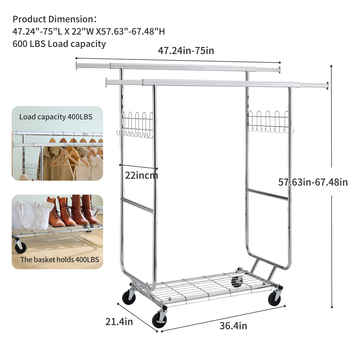 Double Clothing Garment Rack with Shelves Capacity 800lbs Clothing Racks on Wheels Rolling Clothes Rack for Hanging Clothes Heavy Duty Portable Collapsible Commercial Garment Rack W1903P172833-djyc