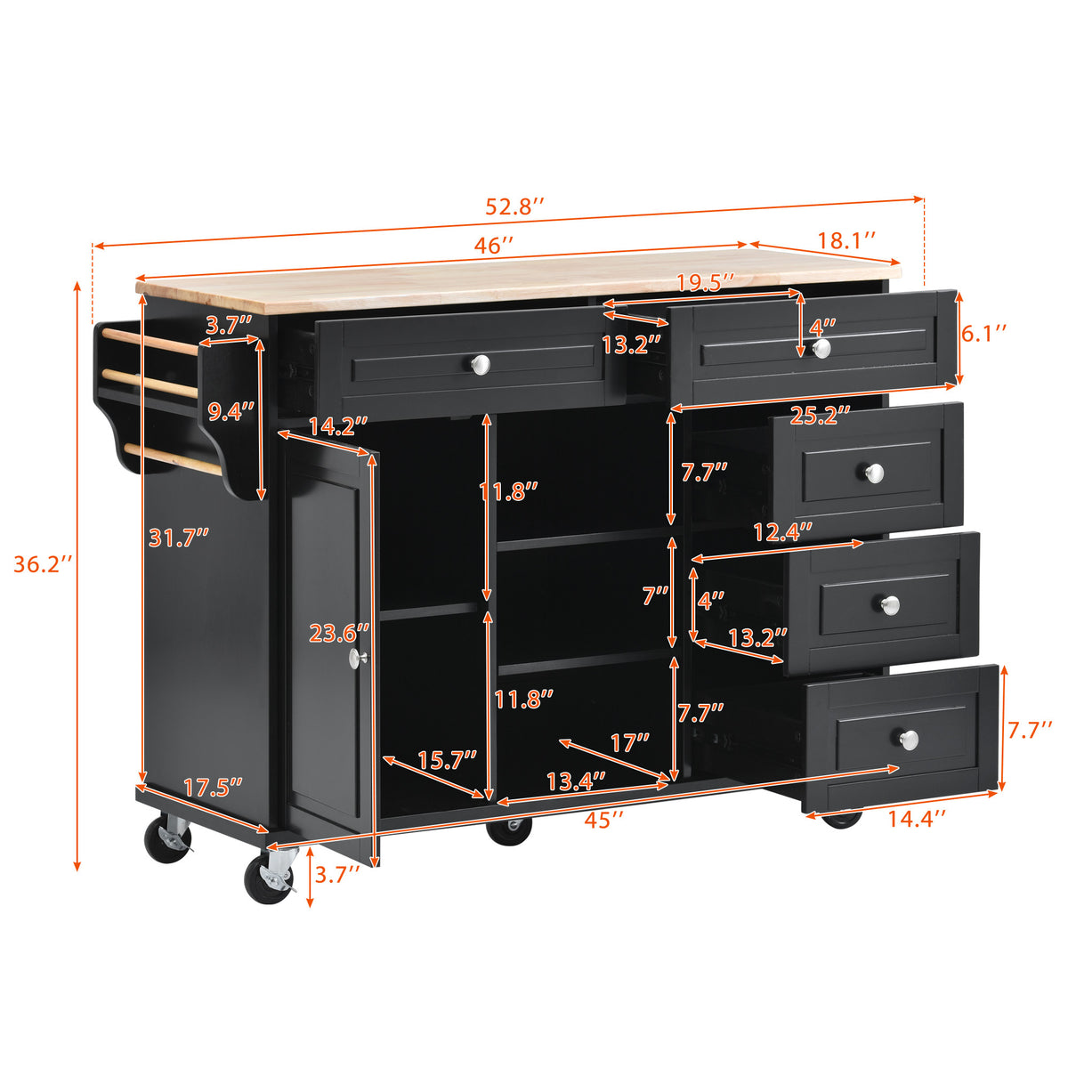 Kitchen cart with Rubber wood desktop rolling mobile kitchen island with storage and 5 drawers 53 Inch length (Black) WF297003AAB-djyc