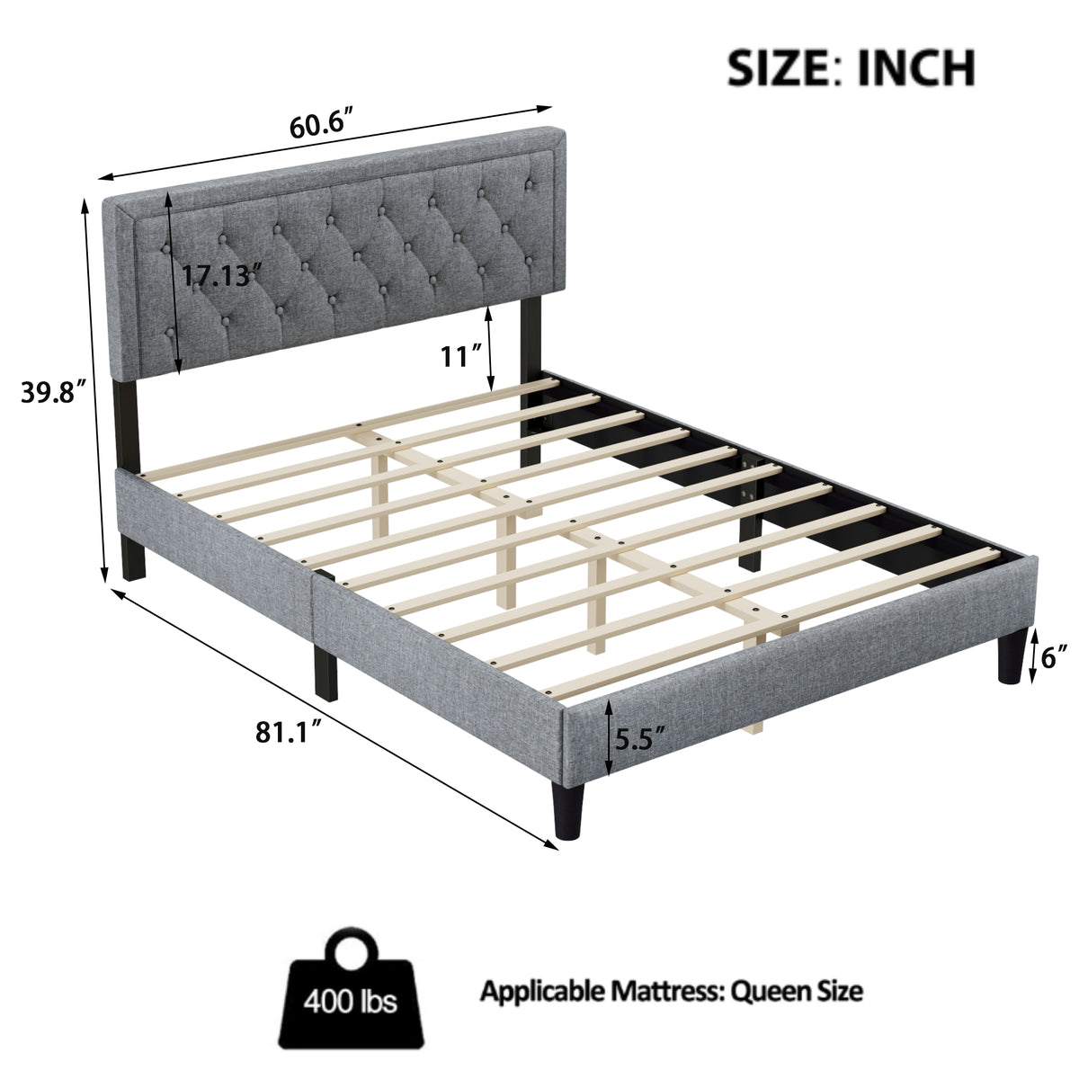 Queen size Panel Bed Frame with Adjustable Button-Tufted Headboard for Bedroom/Linen Upholstered/Wood Slat Support/Easy Assembly,Light Grey W1793140496-djyc