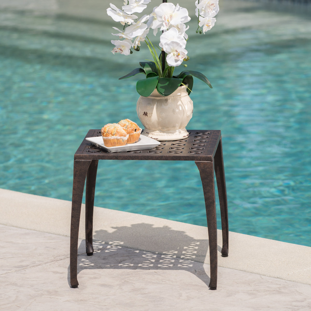 Stylish Poolside or Patio Side Table – Cast Aluminum with Intricate Grillwork and Curved Legs in Bronze Finish 61113-djyc