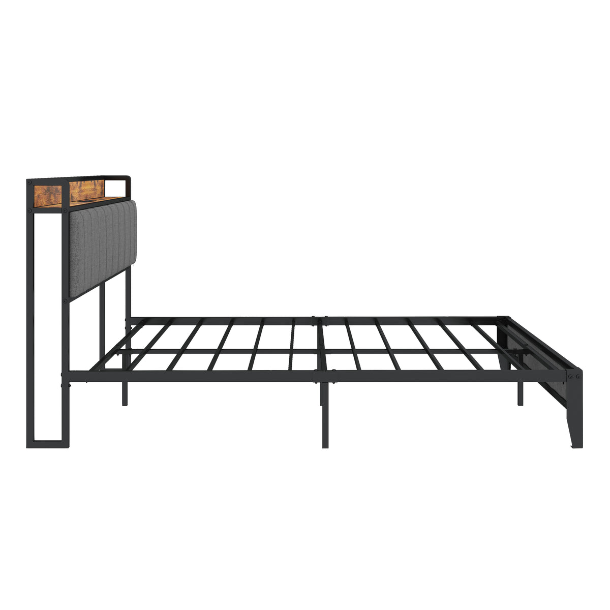 Queen Size Bed Frame with Charging Station, Upholstered Headboard, Metal Platform, Grey W1960131346-djyc