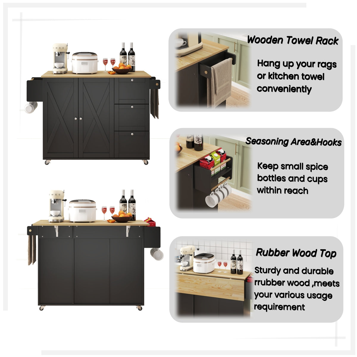 45.4" Farmhouse Black Rolling Kitchen Cart on Wheels with Storage Cabinet, Mobile Kitchen Island cart with Drop Leaf Top, Spice Rack, Towel Bar, Adjustable Shelf, Drawers and Hooks W2557P180166-djyc