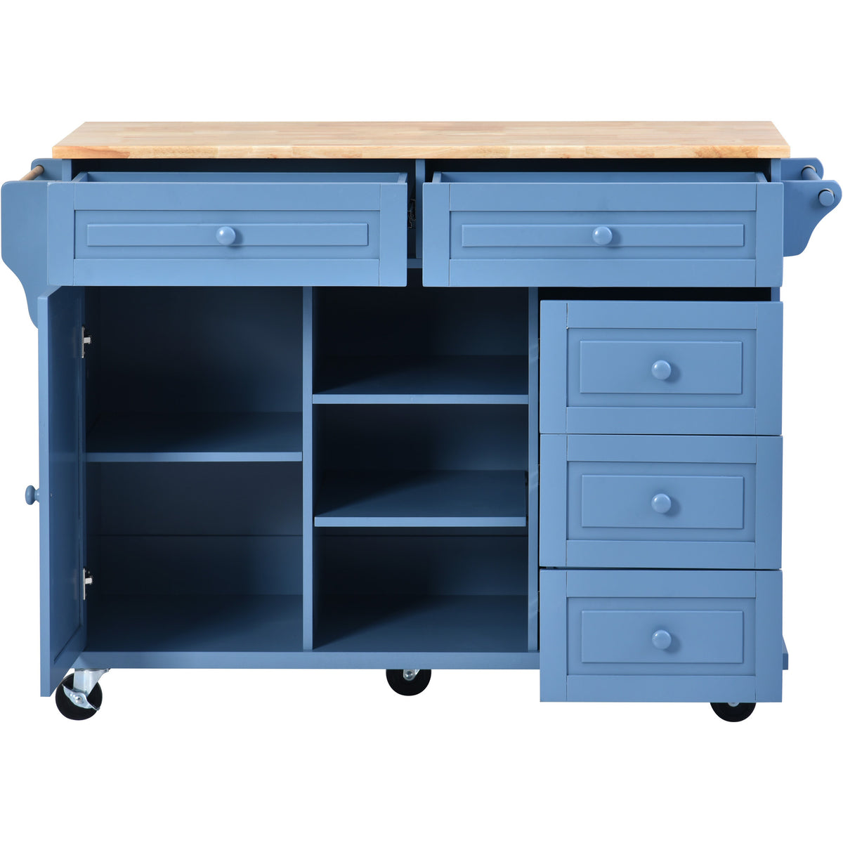 Kitchen cart with Rubber wood desktop rolling mobile kitchen island with storage and 5 draws 53 Inch length (Blue) WF297003AAG-djyc