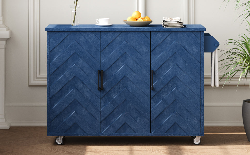 K&K 51.2"W 3D Wave Stripes Ash Veneer(Not Cheap Paper) Kitchen Island with Drop Leaf, Farmhouse Kitchen Island on Wheels with Internal Storage Rack, Rolling Kitchen Cart (Navy Blue) N707P207915E-djyc