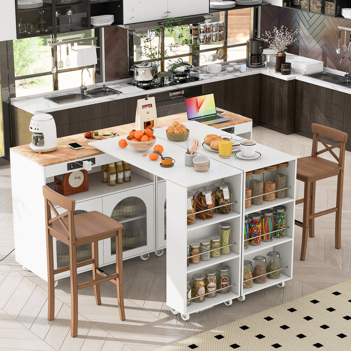 K&K Rolling Kitchen Island With Extended Table, Kitchen island on Wheels with LED Lights,Power Outlets and 2 Fluted Glass Doors, Kitchen Island with a Storage Compartment and Side 3 Open Shelves,White WF316018AAW-djyc