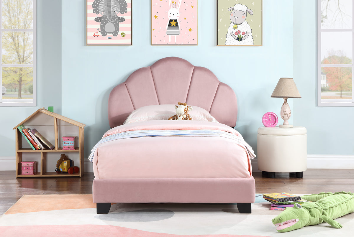 Upholstered Twin Size Platform Bed for Kids, Wooden Bed Frame with Slatted Bed Base, No Box Spring Needed, Cute Bed Frame with Shell Design Headboard for Girls Boys Teens, Pink W1998124486-djyc