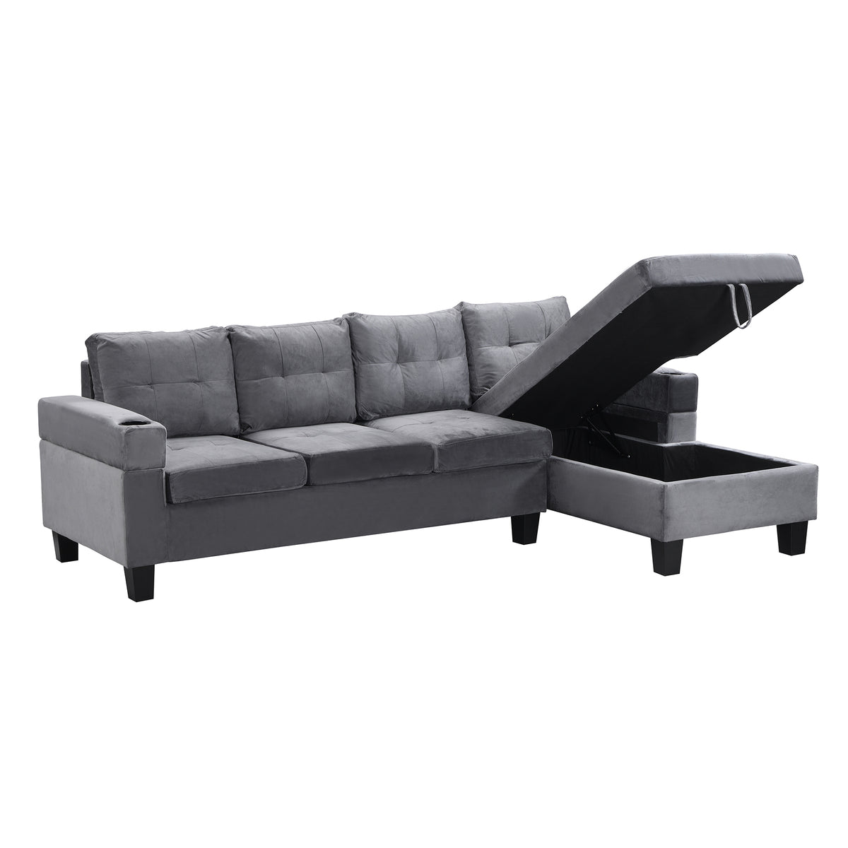 Sectional Sofa Set for Living Room with L ShapeChaise Lounge ,cup holder andRightHand with Storage ChaiseModern 4 Seat (Grey) --RIGHT CHAISE WITH STORAGE K214S00003-djyc