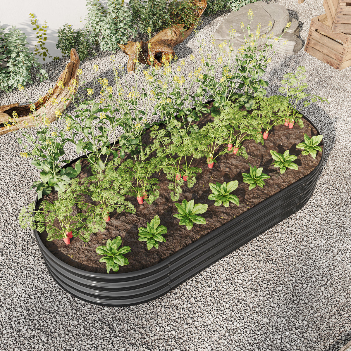 Raised Garden Bed Outdoor, Oval Large Metal Raised Planter Bed for for Plants, Vegetables, and Flowers - Black W840102508-djyc