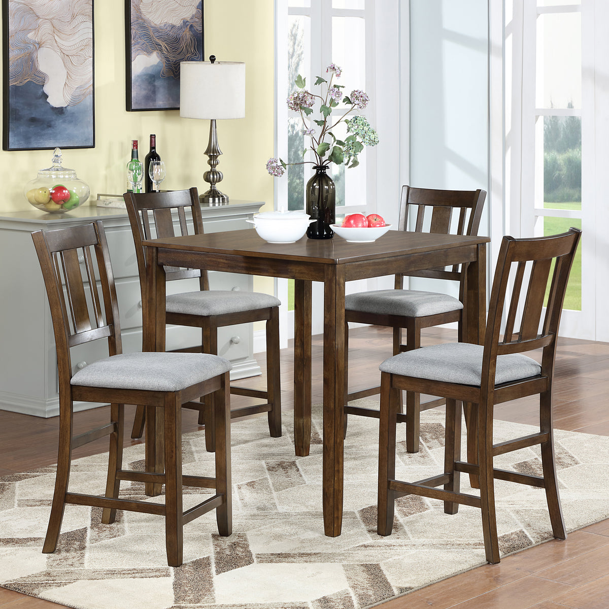 5 Piece Dining Table Set, Wooden Dining Square Table Set for 4, Counter Height Kitchen Table Set with Square Table and 4 Upholstered Chairs for Small Space, Walnut W1998S00035-djyc