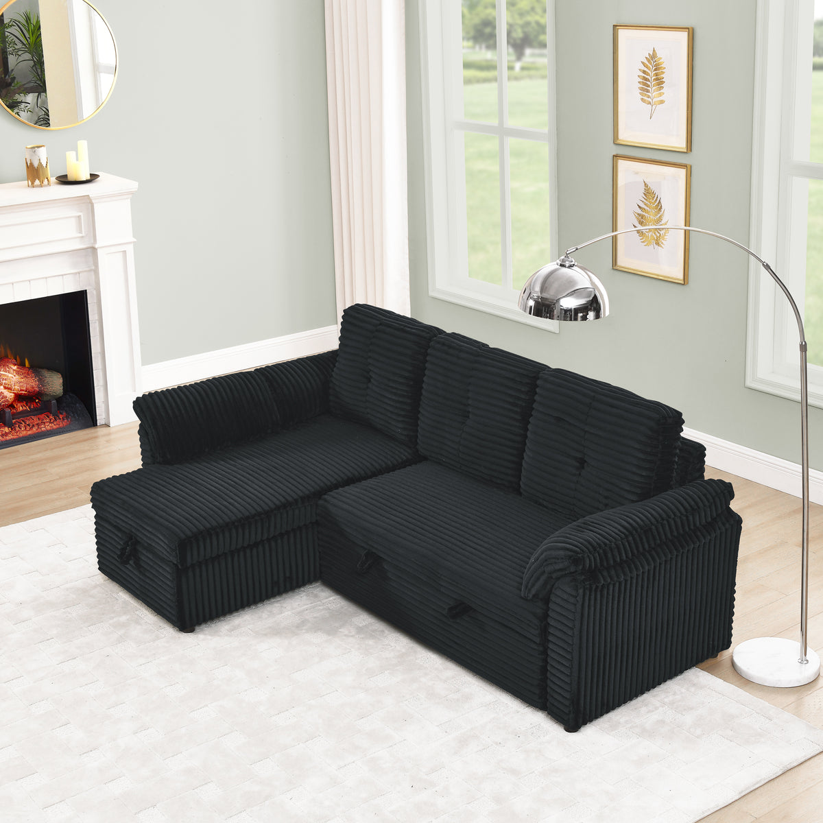 Corduroy Tufted Upholstered Sleeper Sectional Sofa, L-Shaped Modular Convertible Sofa with Reversible Storage Chaise, Pull Out Sleep Couch Bed and Reclining Backrest Perfect for Living Space, Black W487S00227-djyc