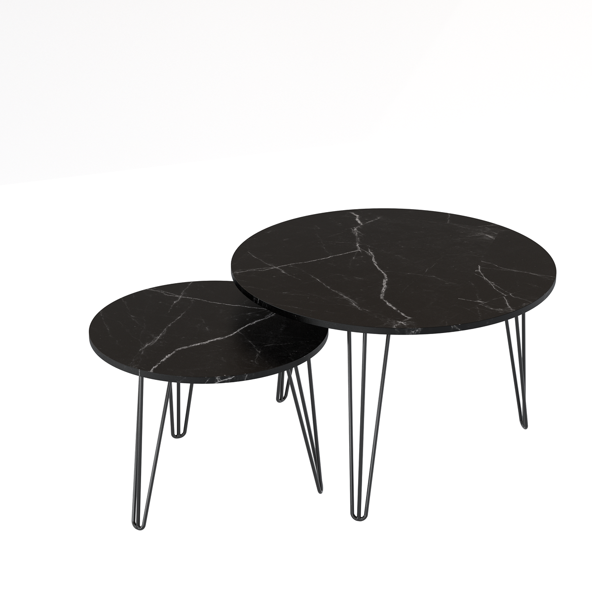 27.56'' Round Nesting Coffee Table Set of 2, Circular Nesting End Table Set, Round Marble Tabletop, and Sturdy Metal Base for Living Room, bedroom, Black W808P176733-djyc