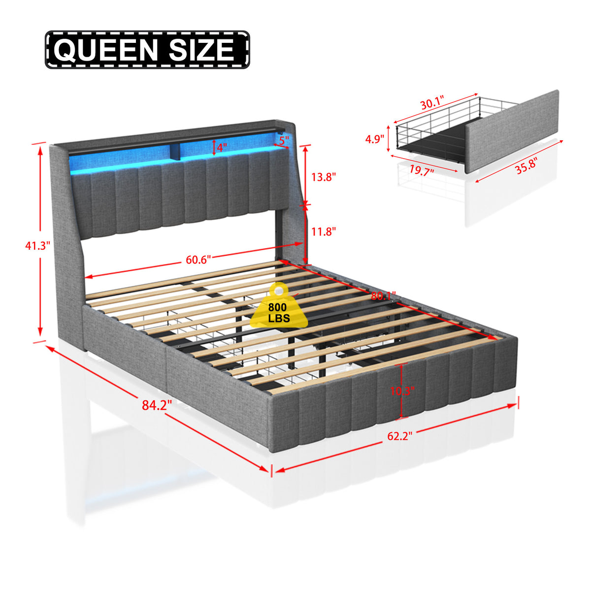 Queen Size Bed Frame with LED, 4 Under-bed Portable Storage Drawers, Wings Headboard Design, Light Grey W1960S00003-djyc