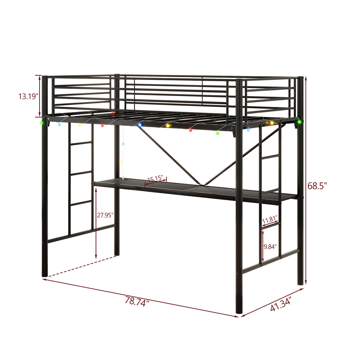 Twin Metal Loft Bed with Desk, Power Outlet and LED Lighted , Safety Guard & Ladder, No Box Spring Needed, Black W840P192240-djyc