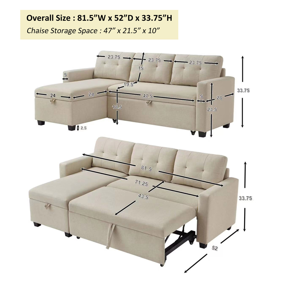 Upholstered Pull Out Sectional Sofa with Storage Chaise, Convertible Corner Couch, Beige W2336S00014-djyc