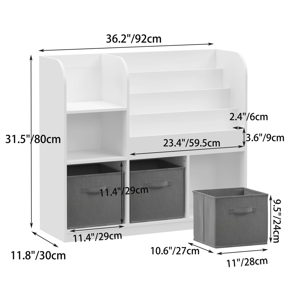 Kids Bookcase and Bookshelf, Multifunctional Bookcase with 3 Collapsible Fabric Drawers, Bookcase Display Stand, Toy Storage Organizer for Bedroom, Playroom, Hallway (White/Gray) W808127602-djyc