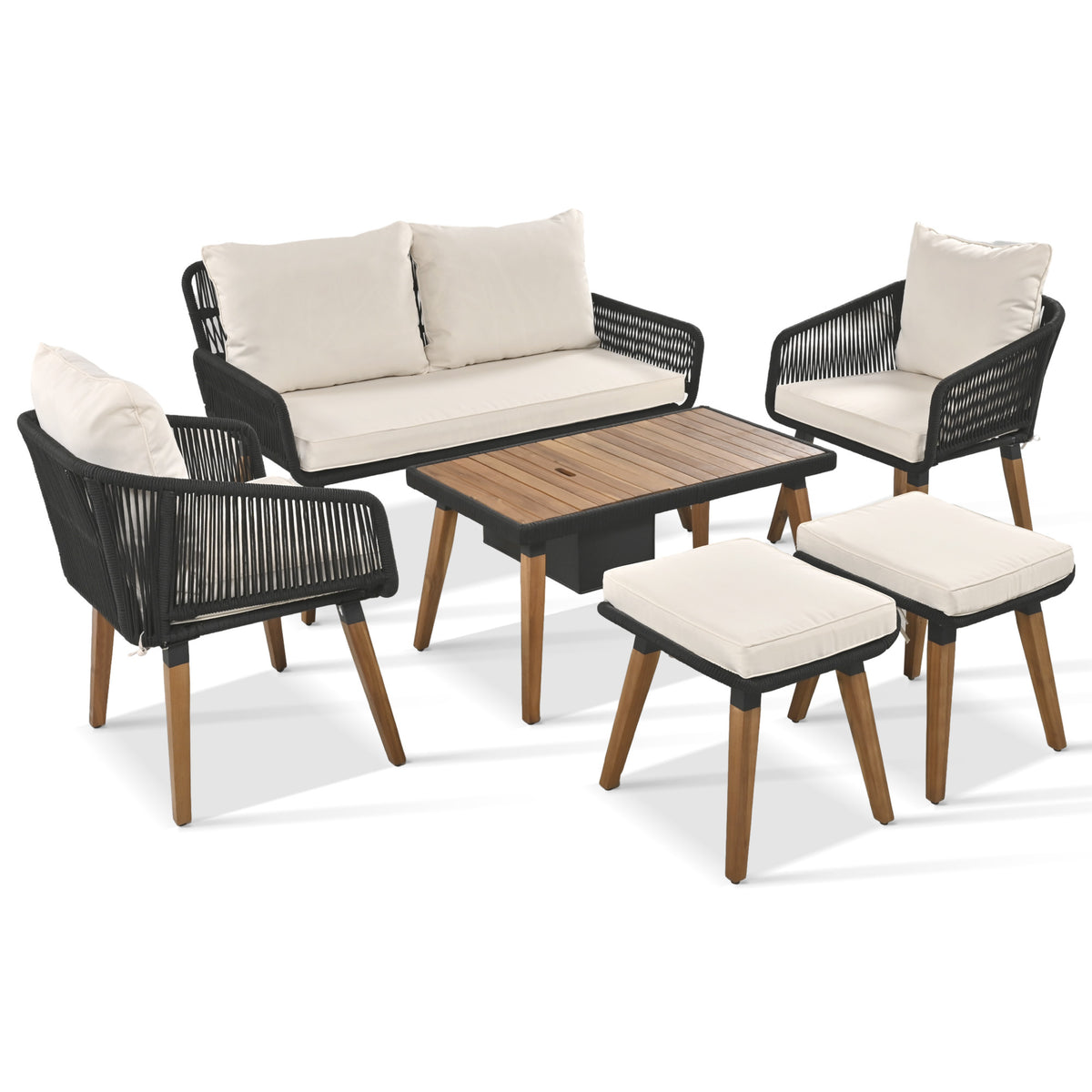 K&K 6-Piece Rope Patio Furniture Set, Outdoor Furniture with Acacia Wood Cool Bar Table with Ice Bucket , Deep Seat Patio Conversation Set with Two Stools for Backyard Porch Balcony (Black & Beige) SK000005AAA-djyc