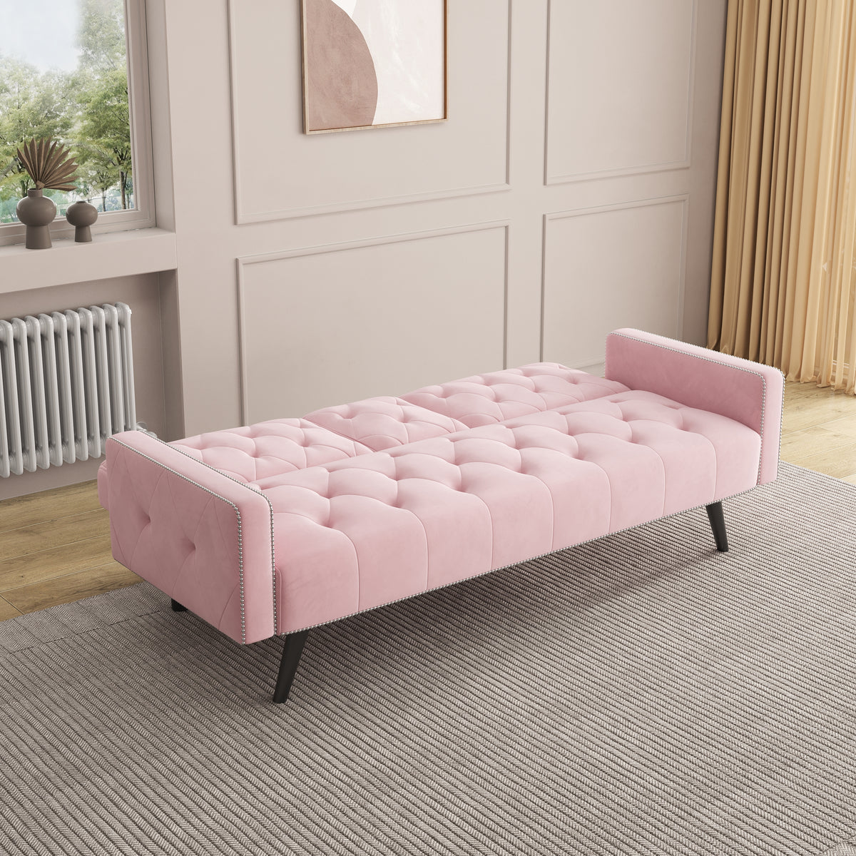 1730 Sofa Bed Armrest with Nail Head Trim with Two Cup Holders 72" Pink Velvet Sofa for Small Spaces W127850868-djyc