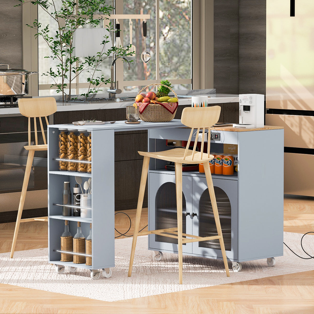 K&K Rolling Kitchen Island With Extended Table, Kitchen Island on Wheels with LED Lights,Power Outlets and 2 Fluted Glass Doors, Kitchen Island with a Storage Compartment and Side 3 Open Shelves, Grey WF316018AAG-djyc