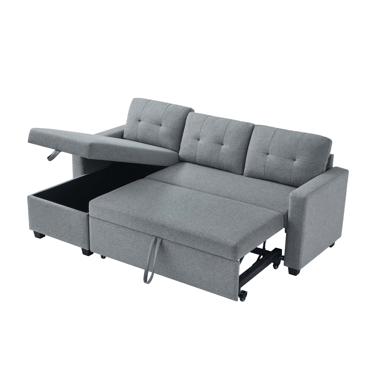 Upholstered Pull Out Sectional Sofa with Storage Chaise, Convertible Corner Couch, Light Grey W2336S00013-djyc