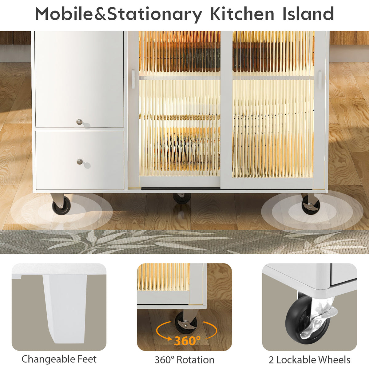 Kitchen Island with Drop Leaf, LED Light Kitchen Cart on Wheels with 2 Fluted Glass Doors and 1 Flip Cabinet Door, Large Kitchen Island Cart with an Adjustable Shelf and 2 Drawers (White) WF311171AAW-djyc