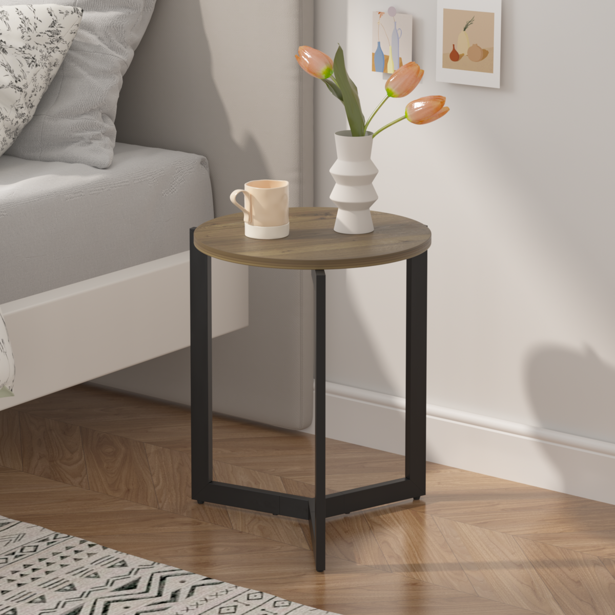 19.68''H Round Side Table, Round Accent End Table with Sturdy Metal Frame, Round Nightstand, for Living Room, Bedroom, Balcony, Office, Brown W808P176716-djyc