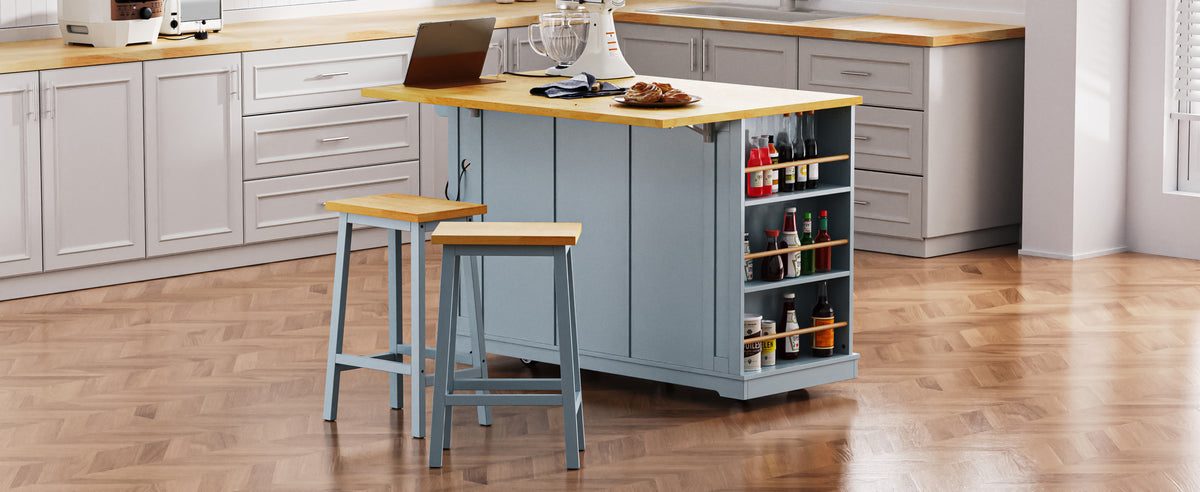 K&K 53inch Large Kitchen Island with Drop Leaf,Power Outlet,Door Internal Storage Rack,Rolling Kitchen Cart on 5 Wheels with 5 Open Side Racks for Kitchen,Dining Room,Grey Blue(Not include bar stools) N707P185531G-djyc