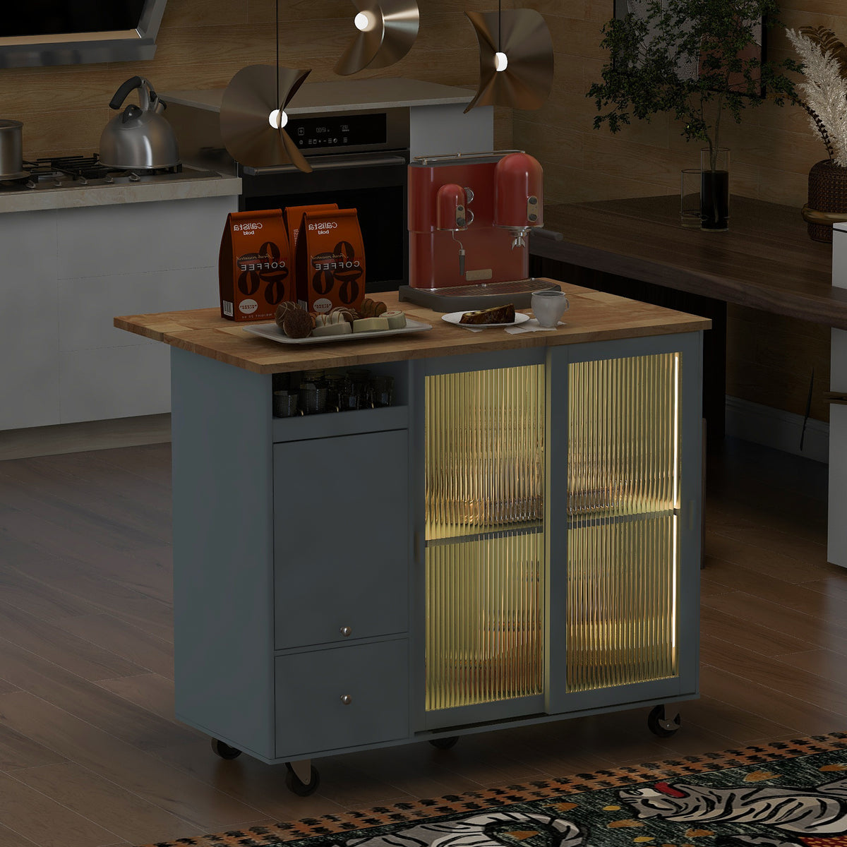 Kitchen Island with Drop Leaf, LED Light Kitchen Cart on Wheels with 2 Fluted Glass Doors and 1 Flip Cabinet Door, Large Kitchen Island Cart with an Adjustable Shelf and 2 Drawers (Grey Blue) WF311171AAG-djyc