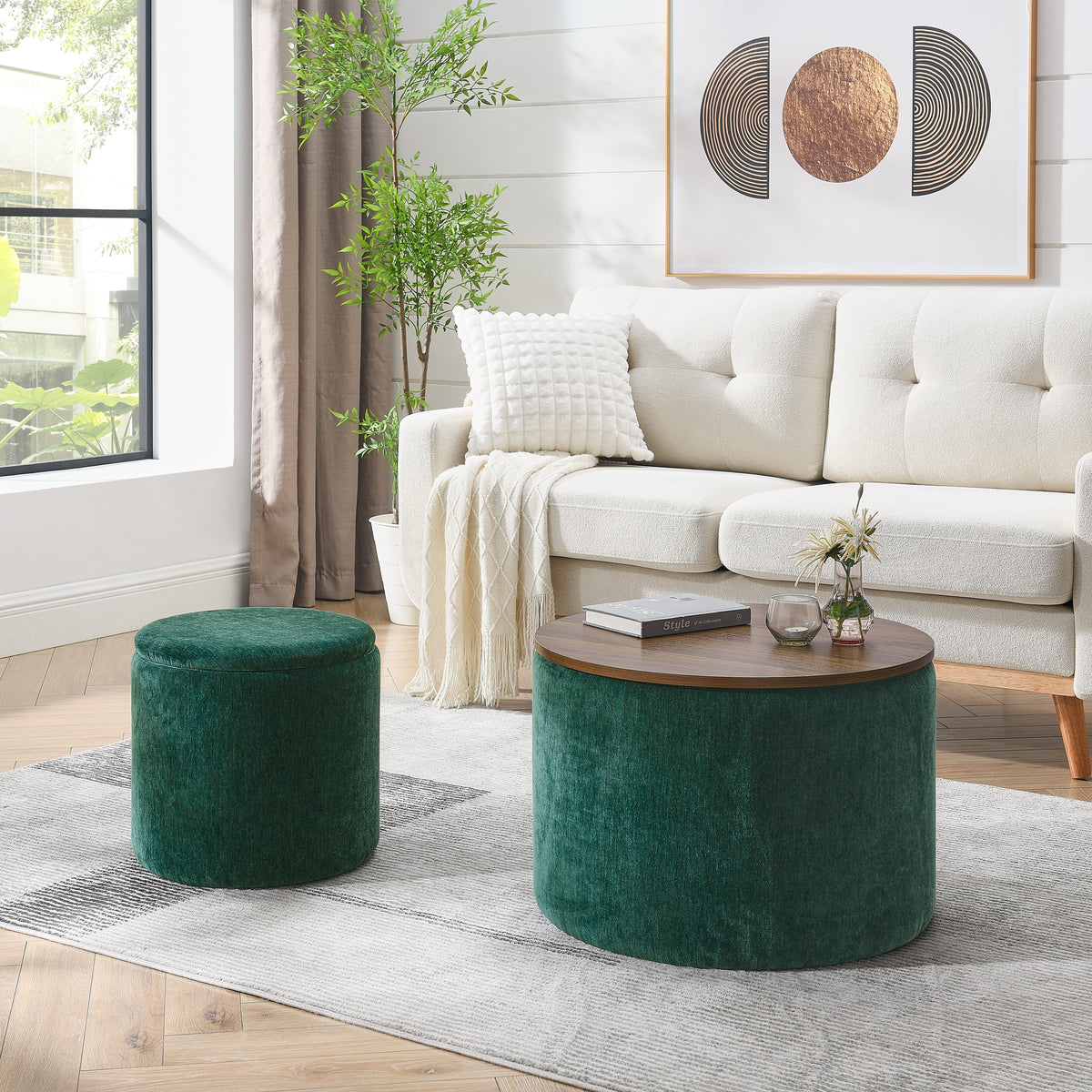 2-Piece Set Round Chenille Storage Ottoman, Equipped with a Drum Shaped Small Stool, Storage Space, and MDF Made Desktop Panel (Dark Green23.62"x23.62"x16.53") W487P179603-djyc