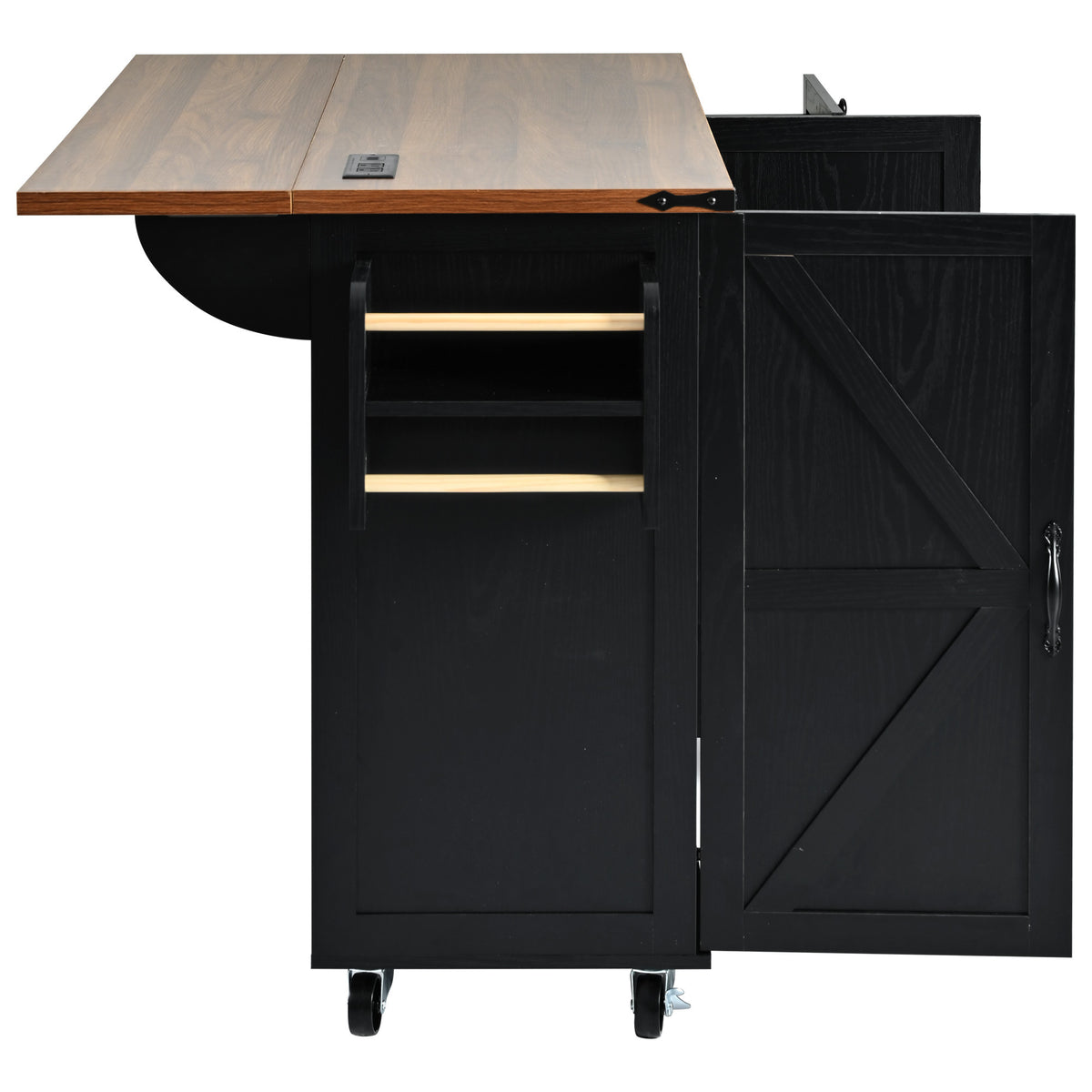 K&K 54.5" Farmhouse Kitchen Island with Power Outlet, Kitchen Storage Islandwith Internal Storage Rack, Drop Leaf, Spice Rack, Rolling Kitchen Cart on Wheels, for Home, Kitchen and Dining Room,Black N707P170349B-djyc