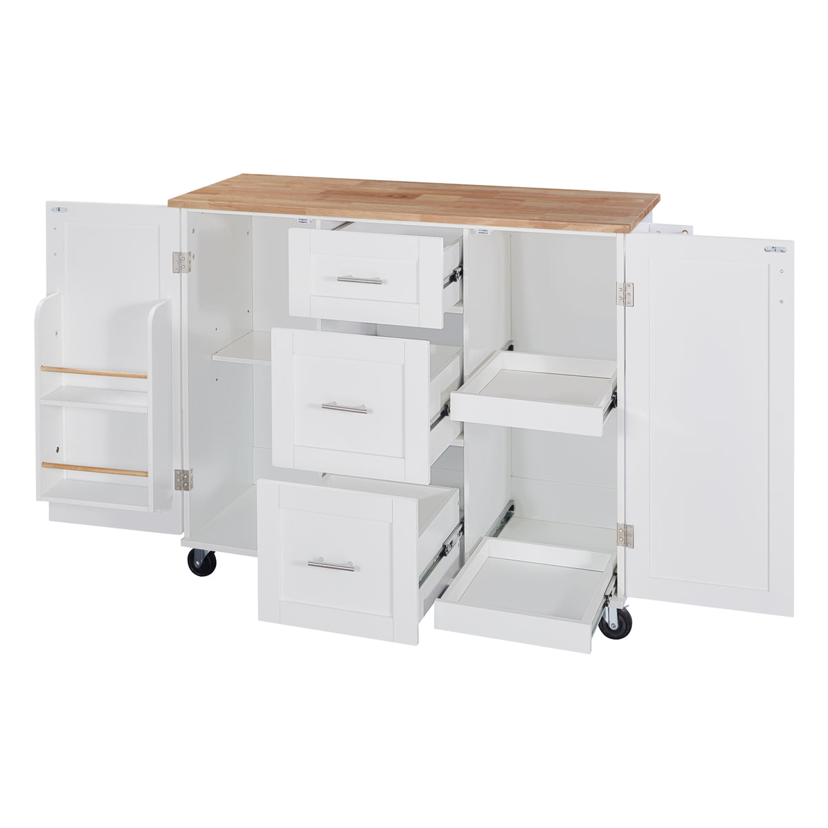 K&K Rolling Kitchen Island with Storage, Kitchen Cart with Rubber Wood Top, 3 Drawer, 2 Slide-Out Shelf and Internal Storage Rack, Kitchen Island on Wheels with Spice Rack & Tower Rack, White WF316599AAW-djyc