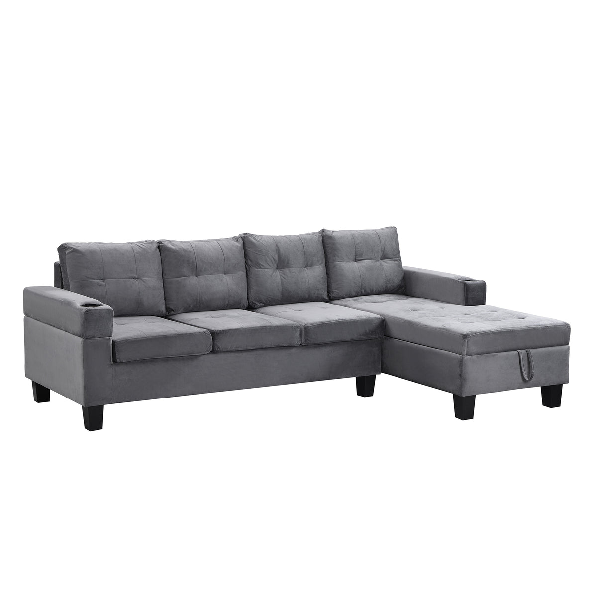 Sectional Sofa Set for Living Room with L ShapeChaise Lounge ,cup holder andRightHand with Storage ChaiseModern 4 Seat (Grey) --RIGHT CHAISE WITH STORAGE K214S00003-djyc