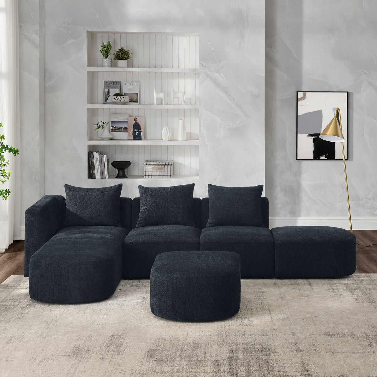 L Shape Sectional Sofa including Two Single Seats, Left Side Chaise and Two Ottomans, Modular Sofa, DIY Combination, Loop Yarn Fabric, Black W487S00156-djyc