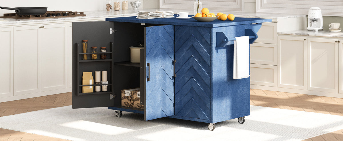 K&K 51.2"W 3D Wave Stripes Ash Veneer(Not Cheap Paper) Kitchen Island with Drop Leaf, Farmhouse Kitchen Island on Wheels with Internal Storage Rack, Rolling Kitchen Cart (Navy Blue) N707P207915E-djyc