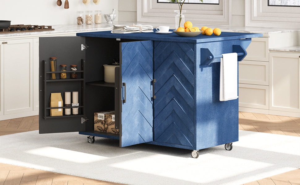 K&K 51.2"W 3D Wave Stripes Ash Veneer(Not Cheap Paper) Kitchen Island with Drop Leaf, Farmhouse Kitchen Island on Wheels with Internal Storage Rack, Rolling Kitchen Cart (Navy Blue) N707P207915E-djyc