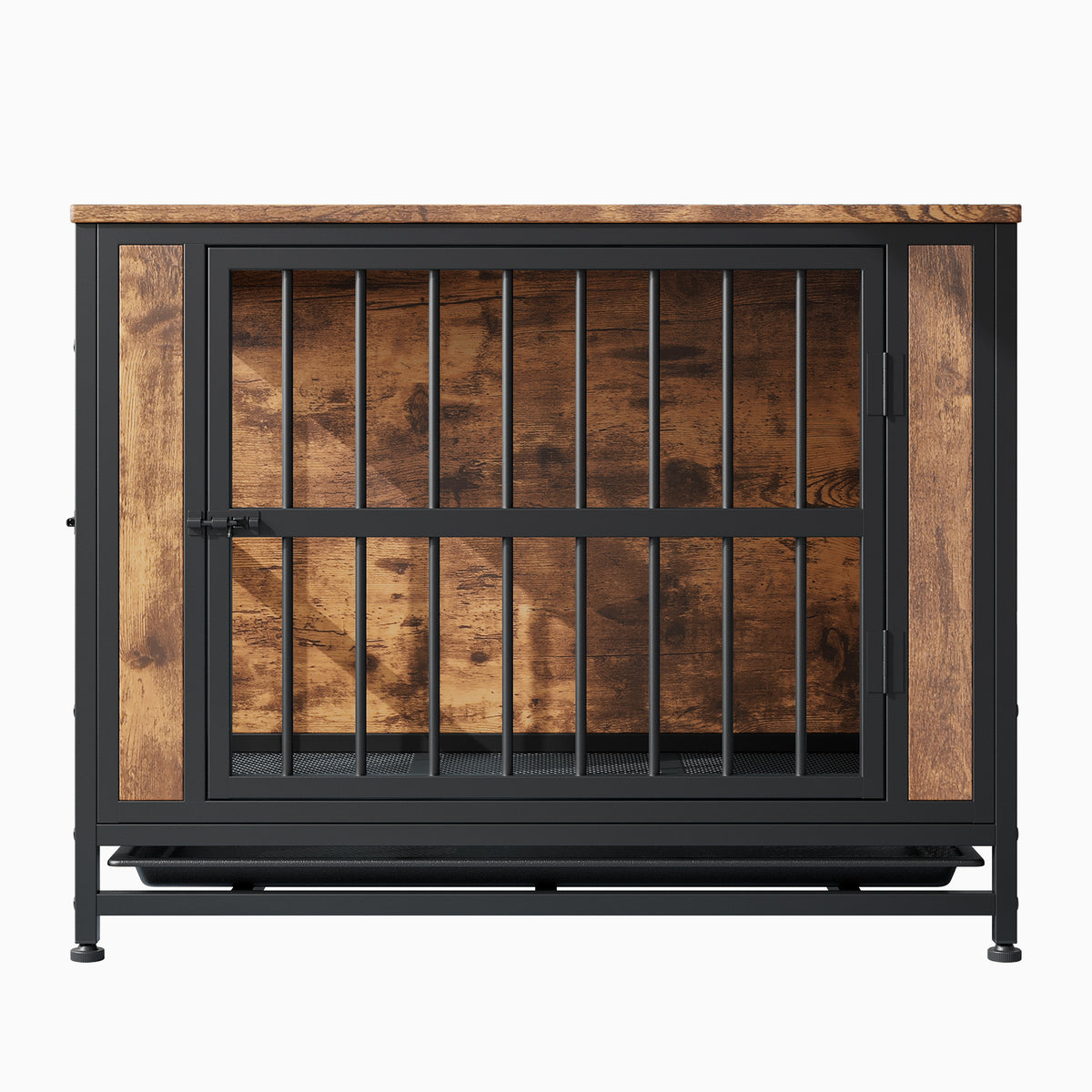 Dog Crate Furniture,Wooden Dog Crate Table, 32.8" Dog Kennel with 2 Sliding Doors and Thick Iron Door Frame, Decorative Pet Crate House for Medium/Small Dog Indoor Use(Rustic Brown) W840P203066-djyc