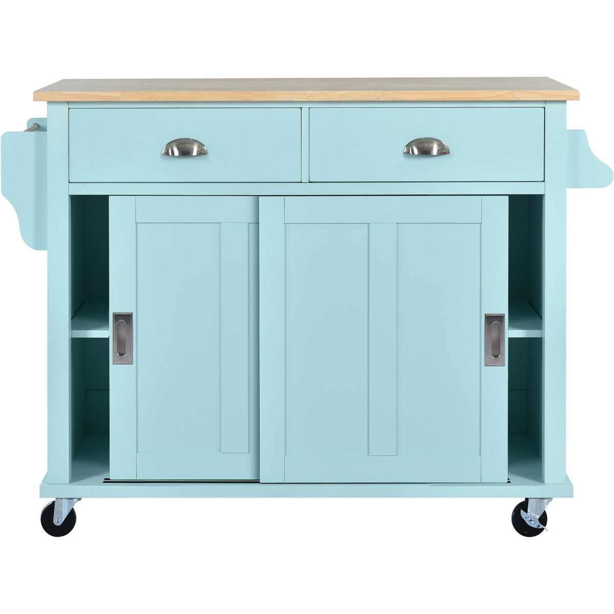 Kitchen Cart with Rubber wood Drop-Leaf Countertop, Concealed sliding barn door adjustable height,Kitchen Island on 4 Wheels with Storage Cabinet and 2 Drawers,L52.2xW30.5xH36.6 inch, Mint Green SK000001AAE-djyc