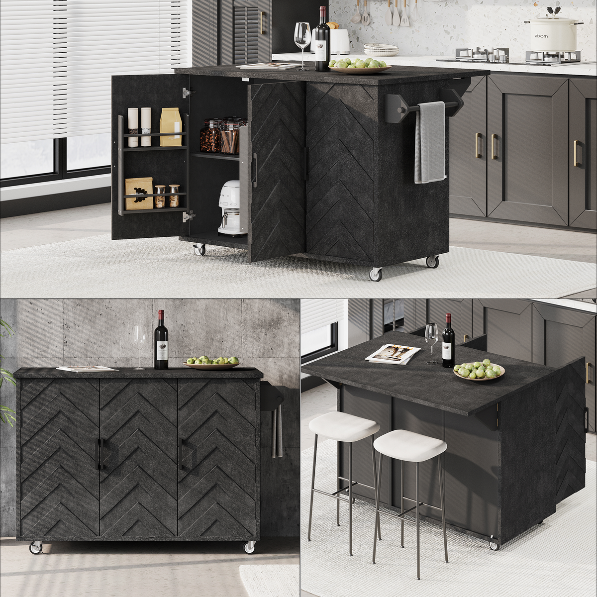 K&K 51.2"W 3D Wave Stripes Ash Veneer (Not Cheap Paper) Kitchen Island with Drop Leaf, Farmhouse Kitchen Island on Wheels with Internal Storage Rack, Rolling Kitchen Cart(Black) N707P207915B-djyc