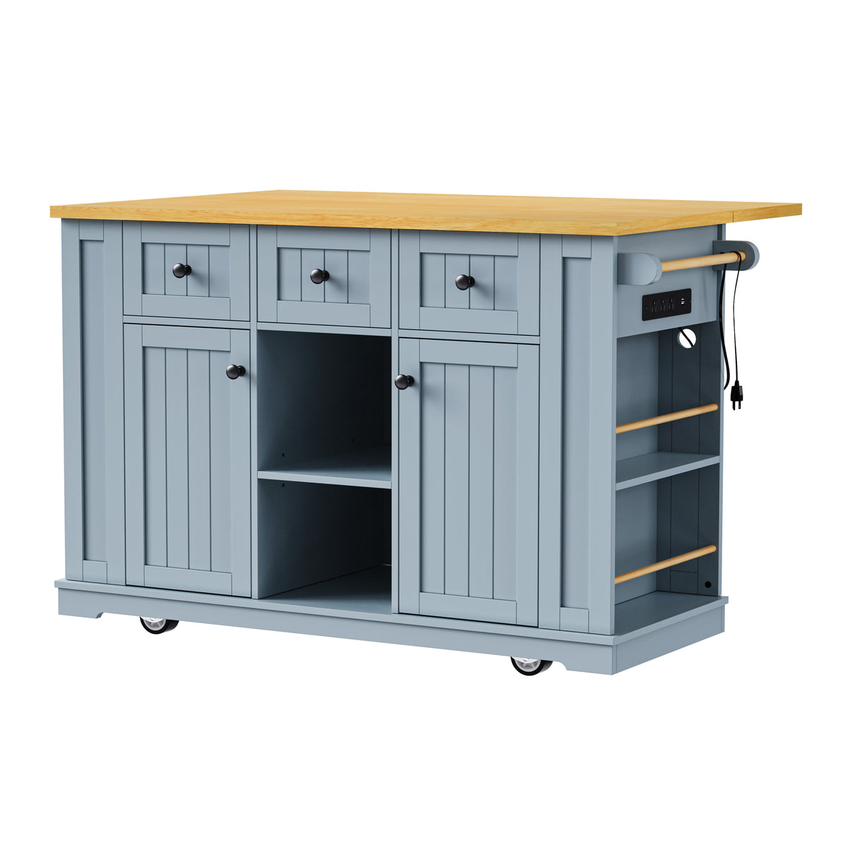 K&K 53inch Large Kitchen Island with Drop Leaf,Power Outlet,Door Internal Storage Rack,Rolling Kitchen Cart on 5 Wheels with 5 Open Side Racks for Kitchen,Dining Room,Grey Blue(Not include bar stools) N707P185531G-djyc