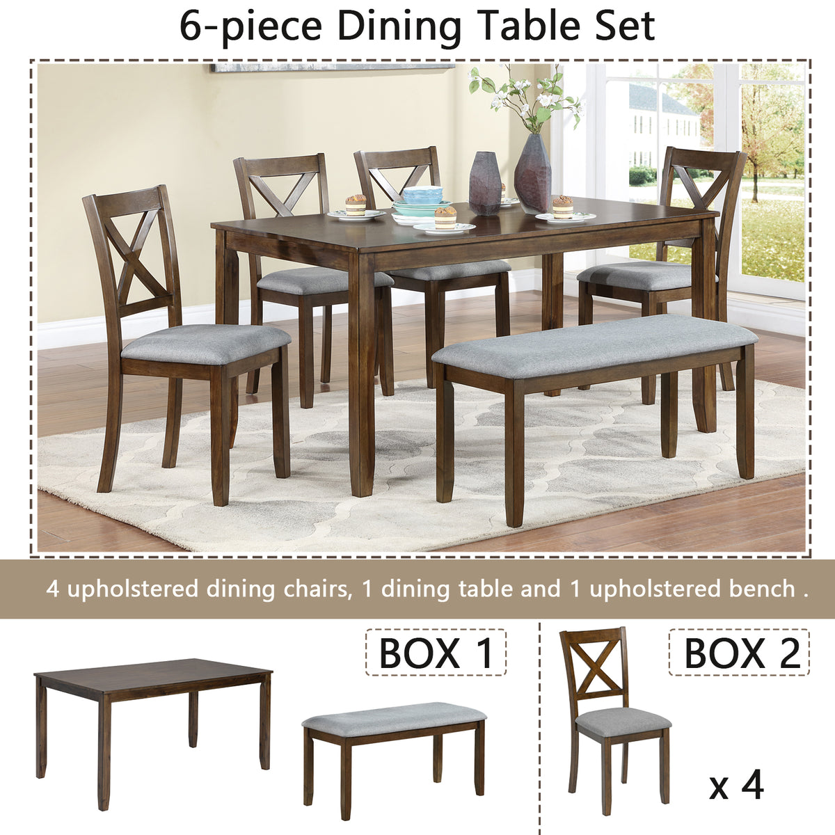 6 Piece Kitchen Dining Set, Rectangular Wooden Dining Table with 4 Upholstered Chairs and a Bench, Dining Table Set for 6 People, Living Room, Home Bar and Kitchen, Walnut W1998S00008-djyc