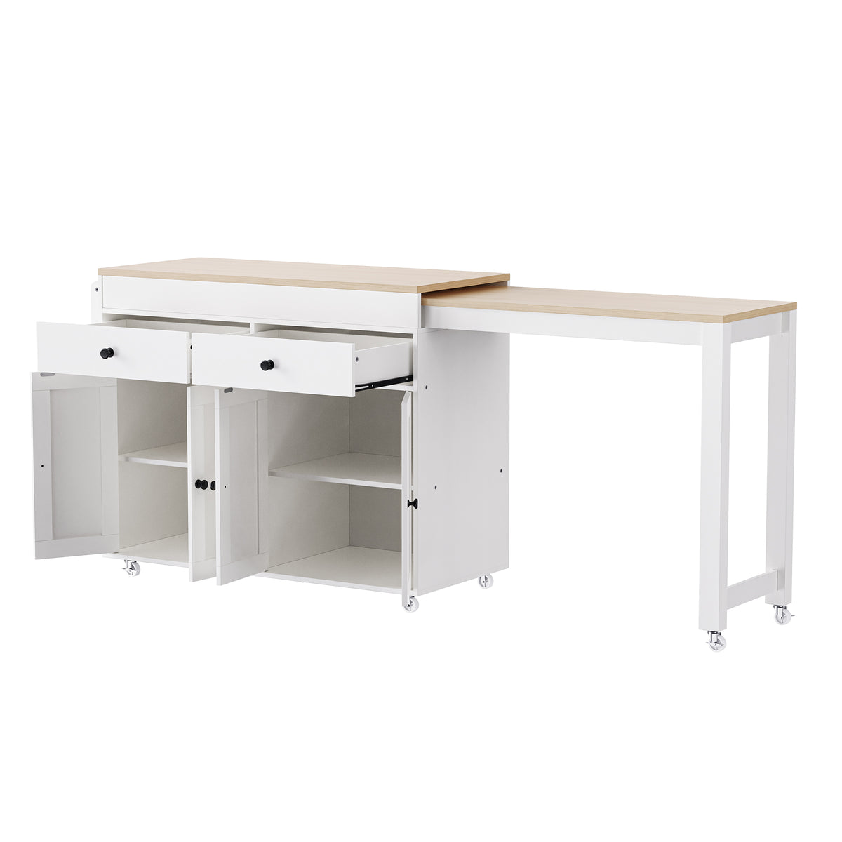 K&K 74.5 inch Kitchen Island with Extendable Dining Table , Rolling Kitchen Island on Wheels with Spice Rack and 2 Drawers,Kitchen Storage Cart with 4 Door Cabinet, for Kitchen, Dining Room, White N707S000009W-djyc