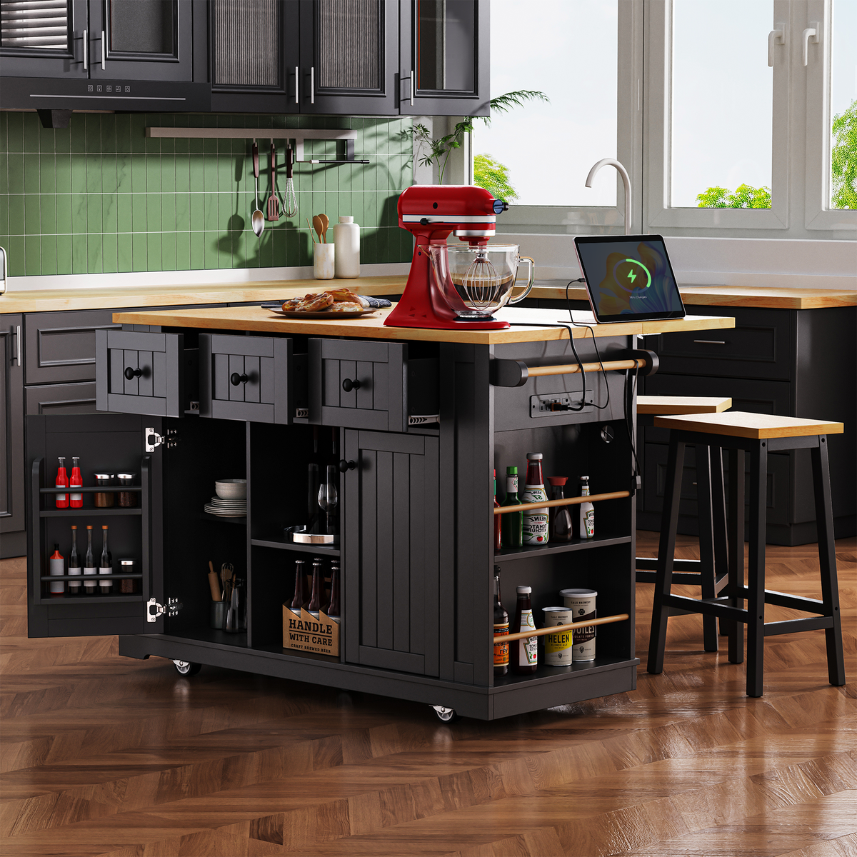 K&K 53inch Large Kitchen Island with 2 Bar Stools, Power Outlet,Door Internal Storage Rack, Kitchen Storage Cart on 5 Wheels with Drop Leaf, 5 Open Side Racks, 3 Drawers, for Kitchen,Dining Room,Black N707S000007B-djyc