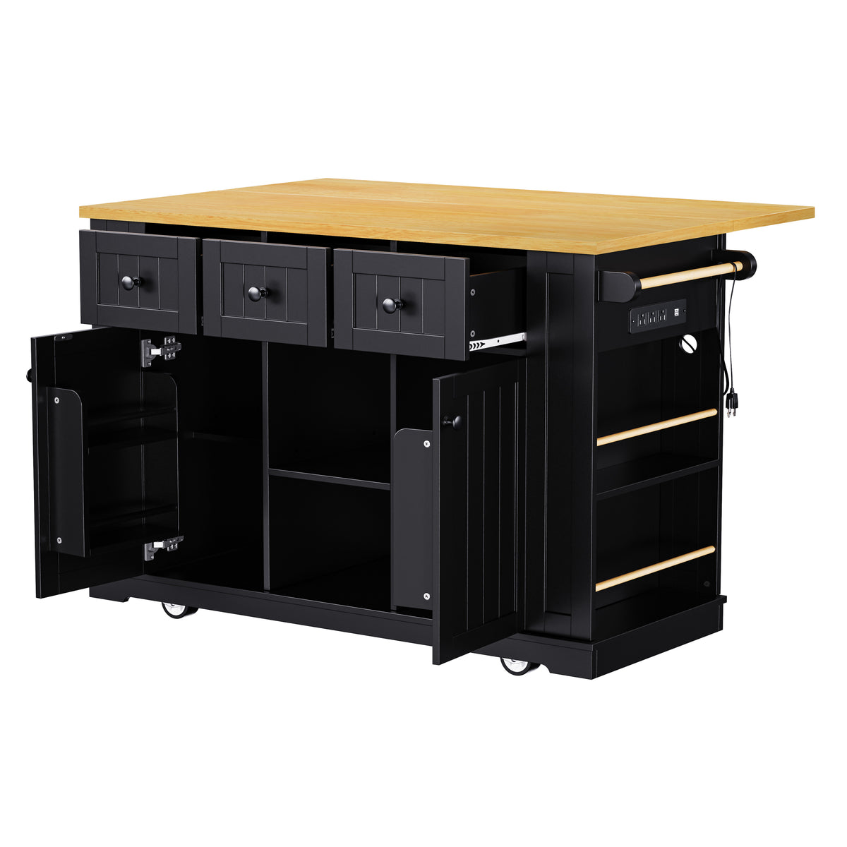 K&K 53inch Large Kitchen Island with Drop Leaf, Power Outlet, Door Internal Storage Rack, Rolling Kitchen Cart on 5 Wheels with 5 Open Side Racks for Kitchen, Dining Room,Black(Not include bar stools) N707P185531B-djyc