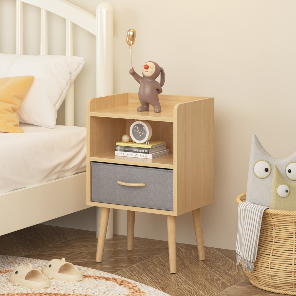 Nightstand With Collapsible Fabric Drawer, 2-Tier Storage End Table, Wood Side Table with Storage Cabinet or Kids, Adults - Oak W808P147110-djyc