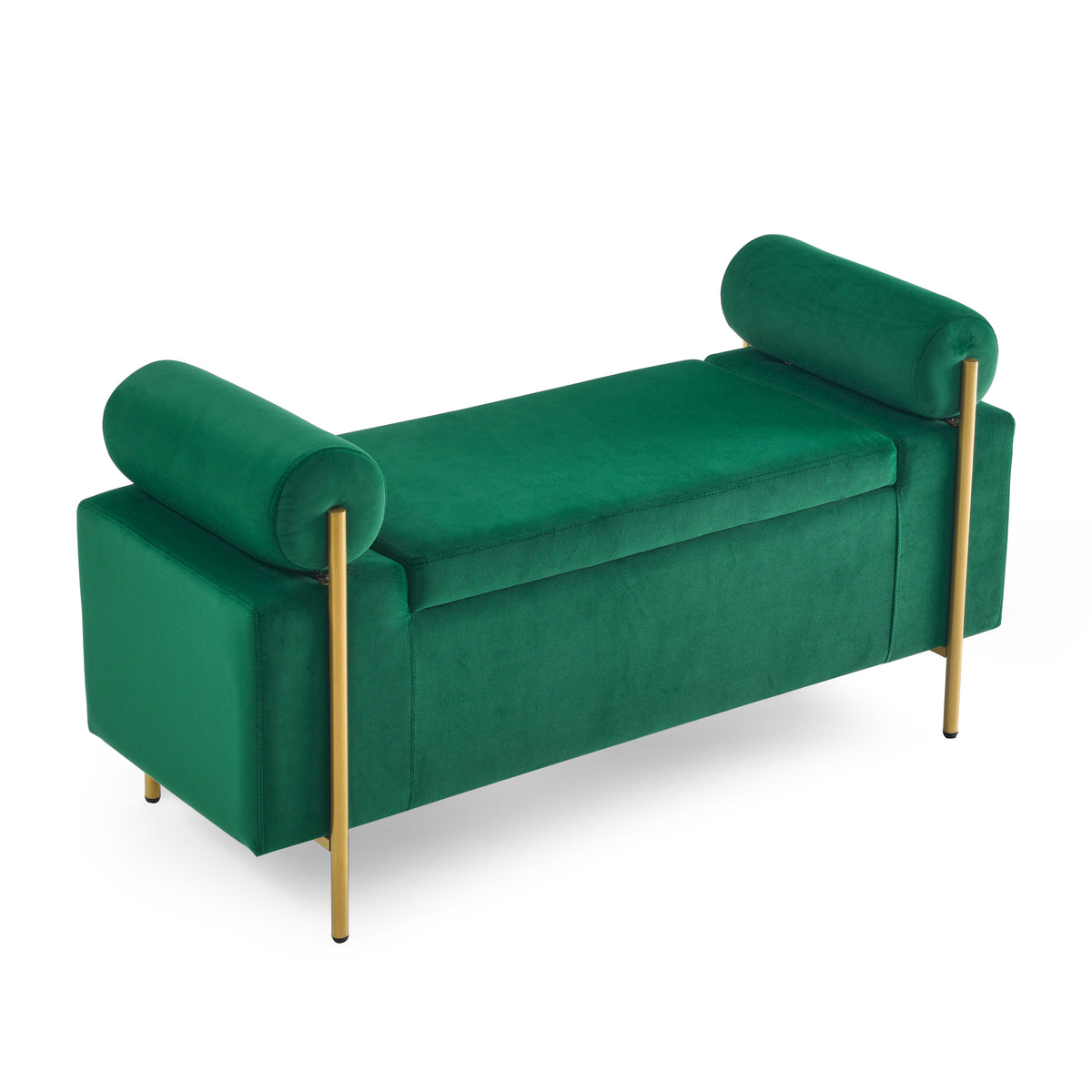 Elegant Upholstered Velvet Storage Bench with Cylindrical Arms and Iron Legs for Hallway Living Room Bedroom, Green W487128012-djyc