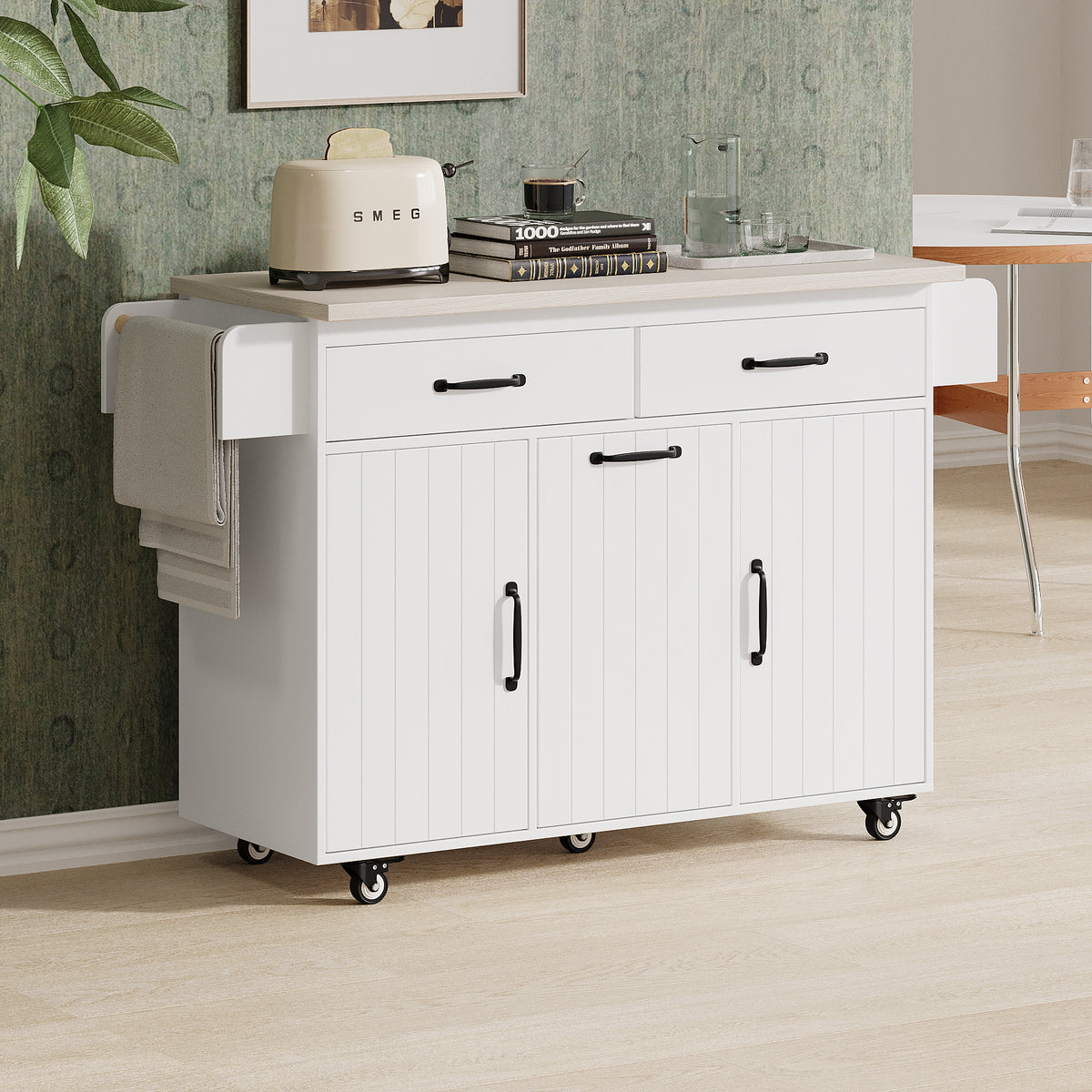 K&K Kitchen Island with Trash Can Storage Cabinet, Kitchen Cart with Drop Leaf, Spice Rack, Towel Rack and Drawer, Rolling Kitchen Island on Wheels with Adjustable Shelf, White WF326381AAW-djyc