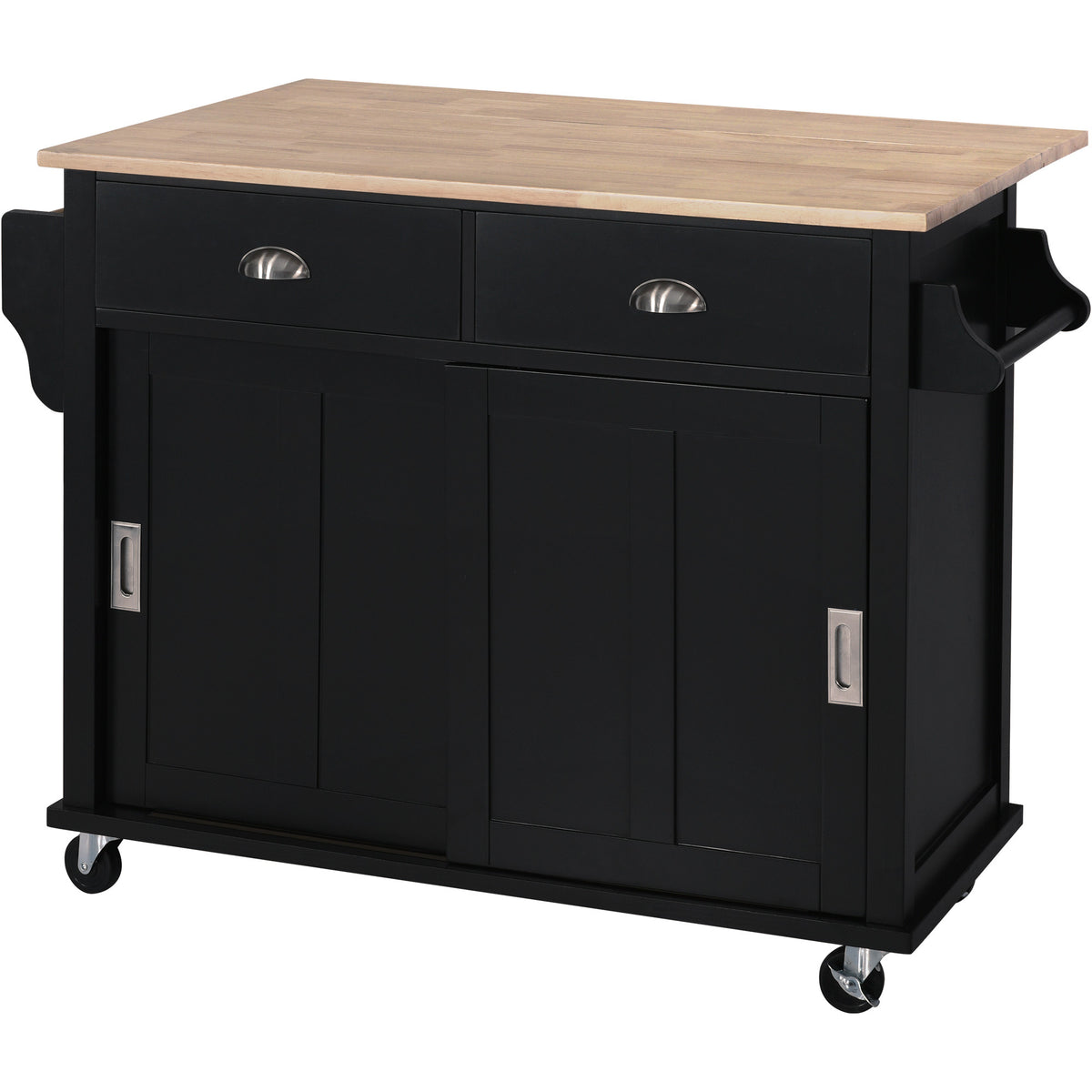 Kitchen Cart with Rubber wood Drop-Leaf Countertop, Concealed sliding barn door adjustable height,Kitchen Island on 4 Wheels with Storage Cabinet and 2 Drawers,L52.2xW30.5xH36.6 inch, Black SK000001AAB-djyc